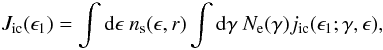 Mathematical equation: \appendix \setcounter{section}{1} \begin{eqnarray} \label{ICtot} J_{\rm ic}(\epsilon_1)= \int {\rm d}\epsilon \ n_{\rm s}(\epsilon,r)\int {\rm d}\gamma \ N_{\rm e}(\gamma)j_{\rm ic}(\epsilon_1; \gamma,\epsilon), \end{eqnarray}