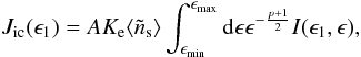 Mathematical equation: \appendix \setcounter{section}{1} \begin{eqnarray} \label{ICtot2} J_{\rm ic}(\epsilon_1)=A K_{\rm e}\langle\tilde{n}_{\rm s}\rangle \int_{\emin}^{\emax}{{\rm d} \epsilon \epsilon^{-\frac{p+1}{2}}}I(\epsilon_1,\epsilon), \end{eqnarray}