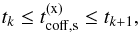 Mathematical equation: \begin{eqnarray} t_k \leq t^{(\rm x)}_{\rm coff,\rm s} \leq t_{k+1}, \label{early} \end{eqnarray}