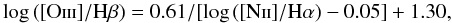 Mathematical equation: \begin{equation} \log\left([\mathrm{O}\textsc{iii}]/\mathrm{H}\beta\right)=0.61/[\log\left([\mathrm{N}\textsc{ii}]/\mathrm{H}\alpha\right)-0.05]+1.30,\label{eq: Kauffmann red} \end{equation}