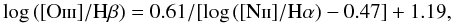 Mathematical equation: \begin{equation} \log\left([\mathrm{O}\textsc{iii}]/\mathrm{H}\beta\right)=0.61/[\log\left([\mathrm{N}\textsc{ii}]/\mathrm{H}\alpha\right)-0.47]+1.19,\label{eq: Kewley red} \end{equation}