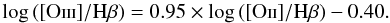 Mathematical equation: \begin{equation} \log\left([\mathrm{O}\textsc{iii}]/\mathrm{H}\beta\right)=0.95\times\log\left([\mathrm{O}\textsc{ii}]/\mathrm{H}\beta\right)-0.40.\label{eq: New blue LINERs/Sey2} \end{equation}