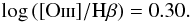 Mathematical equation: \begin{equation} \log\left([\mathrm{O}\textsc{iii}]/\mathrm{H}\beta\right)=0.30.\label{eq: New blue SFG-Sey2 mix} \end{equation}