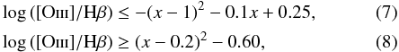 Mathematical equation: \begin{eqnarray} \label{eq: New blue composite 1} \log\left([\mathrm{O}\textsc{iii}]/\mathrm{H}\beta\right)&\le-(x-1)^{2}-0.1x+0.25, \\ \label{eq: New blue composite 2}\log\left([\mathrm{O}\textsc{iii}]/\mathrm{H}\beta\right)&\ge(x-0.2)^{2}-0.60, \end{eqnarray}