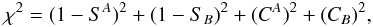 Mathematical equation: \begin{equation} \chi^{2}=(1-S^{A})^{2}+(1-S_{B})^{2}+(C^{A})^{2}+(C_{B})^{2},\label{eq:minimize} \end{equation}
