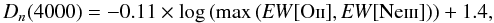 Mathematical equation: \begin{equation} D_{n}(4000)=-0.11\times\mathrm{\log\left(max\left({\it EW}[O\textsc{ii}],{\it EW}[Ne\textsc{iii}]\right)\right)}+1.4,\label{eq: newmix2} \end{equation}