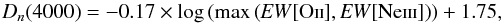 Mathematical equation: \begin{equation} D_{n}(4000)=-0.17\times\mathrm{\log\left(max\left({\it EW}[O\textsc{ii}],{\it EW}[Ne\textsc{iii}]\right)\right)}+1.75,\label{eq: newmix2b} \end{equation}
