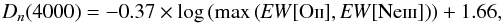Mathematical equation: \begin{equation} D_{n}(4000)=-0.37\times\mathrm{\log\left(max\left({\it EW}[O\textsc{ii}],{\it EW}[Ne\textsc{iii}]\right)\right)}+1.66,\label{eq: newmix3above} \end{equation}