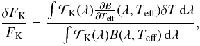Mathematical equation: \begin{equation} \frac{\delta F\kep}{F\kep} = \frac{\int \TK(\lambda) \frac{\partial B}{\partial \te}(\lambda,\te) \delta T \dlam}{\int \TK(\lambda) B(\lambda,\te) \dlam},\label{eq:dFk_Fk} \end{equation}
