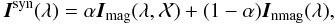Mathematical equation: \begin{equation} {\vec I}^{\rm syn}(\lambda) = \alpha {\vec I}_{\rm mag}(\lambda,\mathcal{X}) + (1-\alpha) {\vec I}_{\rm nmag}(\lambda), \end{equation}