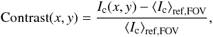 Mathematical equation: \begin{equation} \label{eq_contrast} {\rm Contrast}(x,y) = \frac{I_{\rm c}(x,y) - \left< I_{\rm c} \right>_{\rm ref, FOV}}{\left< I_{\rm c} \right>_{\rm ref, FOV}}, \end{equation}