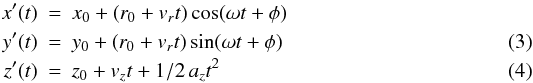 Mathematical equation: \begin{eqnarray} x'(t) &=& x_0 + \left(r_0 + v_r t\right) \cos(\omega t +\phi) \nonumber\\ y'(t) &=& y_0 + \left(r_0 + v_r t\right) \sin(\omega t +\phi) \\ z'(t) &=& z_0 + v_z t + 1/2\,a_z t^2 \end{eqnarray}
