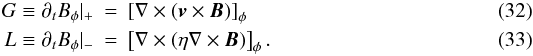 Mathematical equation: \begin{eqnarray} G \equiv \partial_t B_\phi|_+ &=& \left[ \nabla \times (\vec{v} \times \vec{B}) \right]_\phi\\ L \equiv \partial_t B_\phi|_- &=& \left[ \nabla \times (\eta \nabla \times \vec{B}) \right]_\phi . \end{eqnarray}