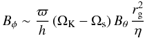 Mathematical equation: \begin{equation} B_\phi \sim \frac{\varpi}{h}\, (\Omega_{\rm K} - \Omega_{\rm s}) \, B_\theta \, \frac{r_{\rm g}^2}{\eta} \end{equation}