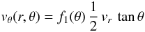 Mathematical equation: \begin{equation} v_\theta(r,\theta) = f_1(\theta)\,\frac{1}{2}\,v_r\,\tan\theta \end{equation}