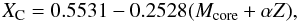 Mathematical equation: \begin{equation} X_{\rm C}=0.5531-0.2528(M_{\rm core}+\alpha Z), \label{eqxc} \end{equation}