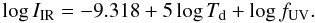 Mathematical equation: \begin{equation} \log\Iir=-9.318+5\log T_{\rm d}+\log \fuv. \end{equation}