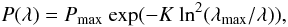 Mathematical equation: \begin{equation} P(\lambda) = P_{\rm max}\ {\rm exp}(-K\ {\rm ln}^2(\lambda_{\rm max} / \lambda)), \label{eq:serkowski} \end{equation}