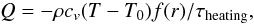 Mathematical equation: \begin{equation} Q= - \rho c_v ( T - T_0 ) f(r) / \tau_{\rm heating}, \end{equation}