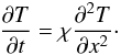 Mathematical equation: \appendix \setcounter{section}{1} \begin{equation} \label{eq:diff} \frac{\partial T}{\partial t} = \chi \frac{\partial^2 T}{\partial x^2}\cdot \end{equation}