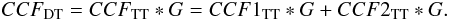 Mathematical equation: $$ CCF_{\rm DT} = CCF_{\rm TT} \ast G = CCF1_{\rm TT} \ast G + CCF2_{\rm TT} \ast G. $$