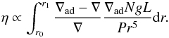 Mathematical equation: \begin{equation} \label{radiativedamping} \eta \propto \int_{r_0}^{r_1} \frac{\nabla_{\rm ad} - \nabla}{\nabla} \frac{\nabla_{\rm ad} N g L}{P r^5} \textrm{d}r. \end{equation}