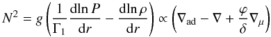 Mathematical equation: \begin{equation} \label{bvfrequency} N^2=g\left(\frac{1}{\Gamma_1}\frac{\textrm{d}\!\ln P}{\textrm{d}r}-\frac{\textrm{d}\!\ln \rho}{\textrm{d}r}\right) \propto \left(\nabla_{\rm ad}-\nabla+\frac{\varphi}{\delta}\nabla_{\mu}\right) \end{equation}