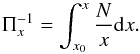 Mathematical equation: \begin{equation} \label{buoyancylocalradius} \Pi_x^{-1} = \int_{x_0}^{x}{\frac{N}{x}{\rm d}x}. \end{equation}