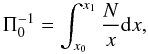 Mathematical equation: \begin{equation} \label{buoyancytotalradius} \Pi_0^{-1} = \int_{x_0}^{x_1}{\frac{N}{x}{\rm d}x}, \end{equation}