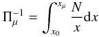 Mathematical equation: \begin{equation} \label{buoyancysharpvariationradius} \Pi_\mu^{-1} = \int_{x_0}^{x_\mu}{\frac{N}{x}{\rm d}x} \end{equation}