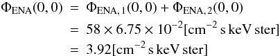 Mathematical equation: \begin{eqnarray} \Phi_{\rm ENA}(0,0) &=& \Phi _{\rm ENA,\,1}(0,0)+\Phi _{\rm ENA,\,2}(0,0) \nonumber\\ &=& 58\times 6.75\times 10^{-2}[{\rm cm^{-2}\,s\, keV\, ster}] \nonumber\\ &=& 3.92[{\rm cm^{-2}\,s\, keV\, ster}] \label{eq-reference} \end{eqnarray}