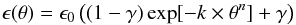 Mathematical equation: \begin{equation} \epsilon (\theta) = \epsilon_{0}\left( (1-\gamma )\exp [-k\times \theta^{n}]+\gamma \right) \label{eq-epsilon} \end{equation}