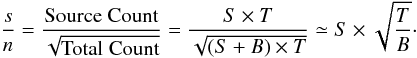 Mathematical equation: \begin{equation} \frac{s}{n} = \frac{\rm Source\; Count}{\sqrt{\rm Total\; Count}} =\frac{S \times T}{\sqrt{(S + B) \times T}} \simeq S \times \sqrt{\frac{T}{B}}\cdot \label{eq:sens} \end{equation}