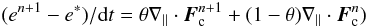Mathematical equation: \begin{equation} (e^{n+1}-e^{*})/{\rm d}t=\theta\nabla_\parallel\cdot\vec{F}_\mathrm{c}^{n+1}+(1-\theta)\nabla_\parallel\cdot\vec{F}_\mathrm{c}^{n}) \label{eq:thermal-operator-discrete} \end{equation}