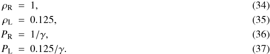 Mathematical equation: \begin{eqnarray} \rho_{\rm R} &=& 1 ,\\ \rho_{\rm L} &=& 0.125 ,\\ P_{\rm R} &=& 1/\gamma ,\\ P_{\rm L} &=& 0.125/\gamma . \end{eqnarray}