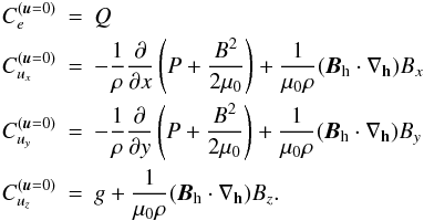 Mathematical equation: \appendix \setcounter{section}{1} \begin{eqnarray*} C_e^{(\uu=0)} & = & Q \\ C_{u_x}^{(\uu=0)} & = & -\frac{1}{\rho}\dd{}{x}\left(P + \frac{B^2}{2\mu_0}\right) + \om{1}(\Bh \cdot \delh) B_x \\ C_{u_y}^{(\uu=0)} & = & -\frac{1}{\rho}\dd{}{y}\left(P + \frac{B^2}{2\mu_0}\right) + \om{1}(\Bh \cdot \delh) B_y \\ C_{u_z}^{(\uu=0)} & = & g + \om{1}(\Bh \cdot \delh) B_z . \end{eqnarray*}