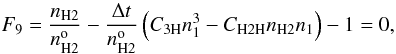 Mathematical equation: \appendix \setcounter{section}{2} \begin{equation} F_9 = \frac{\nhtwo}{\nhtwoo} - \frac{\Delta t}{\nhtwoo} \left( \Cthreeh \none^3 - \Chtwoh \nhtwo \none \right) -1 = 0, \end{equation}