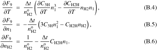 Mathematical equation: \appendix \setcounter{section}{2} \begin{eqnarray} \dd{F_9}{T} &=& \frac{\Delta t}{\nhtwoo} \left( \dd{\Cthreeh}{T} \none^3 - \dd{\Chtwoh}{T} \nhtwo \none \right),\\ \dd{F_9}{\none} &=& - \frac{\Delta t}{\nhtwoo} \left( 3 \Cthreeh \none^2 - \Chtwoh \nhtwo \right) ,\\ \dd{F_9}{\nhtwo} &=& \frac{1}{\nhtwoo} - \frac{\Delta t}{\nhtwoo} \Chtwoh \none. \end{eqnarray}