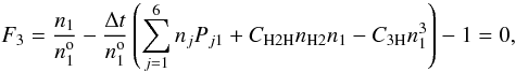 Mathematical equation: \appendix \setcounter{section}{2} \begin{equation} F_3 = \frac{\none}{\noneo} - \frac{\Delta t}{\noneo} \left( \sum_{j=1}^6 n_j P_{j1} + \Chtwoh \nhtwo \none - \Cthreeh \none^3 \right) -1 = 0, \end{equation}