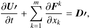 Mathematical equation: \begin{equation} \ddt{\UU{\prime}}+\sum_{k=1}^m \ddxk{\FF^k}=\DD{\prime}, \end{equation}
