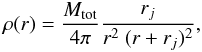 Mathematical equation: \begin{equation} \rho(r) = \frac{M_{\rm tot}}{4 \pi} \frac{r_j}{r^2~ (r+r_j)^2}, \end{equation}