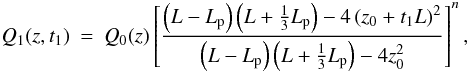 Mathematical equation: \begin{eqnarray} Q_1 (z,t_1) &=& Q_0(z) \left[ \frac{\left( L - \lp \right) \left( L + \frac{1}{3} \lp \right) - 4 \left( z_0 + t_1 L \right)^2}{\left( L - \lp \right) \left( L + \frac{1}{3} \lp \right) - 4 z_0^2} \right]^{n},\label{eq:fit} \end{eqnarray}