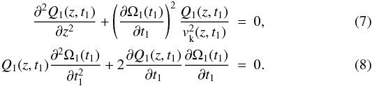 Mathematical equation: \begin{eqnarray} \frac{\pd^2 Q_1 (z,t_1) }{\pd z^2} + \left( \frac{\pd \Omega_1 (t_1) }{\pd t_1} \right)^2 \frac{Q_1 (z,t_1)}{\ck^2(z,t_1)} &=& 0, \label{eq:basic1} \\ Q_1 (z,t_1)\frac{ \pd^2 \Omega_1 (t_1) }{\pd t_1^2} + 2 \frac{\pd Q_1 (z,t_1) }{\pd t_1} \frac{\pd \Omega_1 (t_1) }{\pd t_1} &=& 0.\label{eq:basic2} \end{eqnarray}