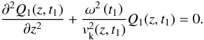 Mathematical equation: \begin{equation} \frac{\pd^2 Q_1 (z,t_1) }{\pd z^2} + \frac{\omega^2 \left( t_1 \right)}{\ck^2(z,t_1)} Q_1 (z,t_1) = 0. \label{eq:kinkQ} \end{equation}