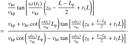 Mathematical equation: \begin{eqnarray} && \frac{\cke}{\ckp} \tan \left[ \frac{\omega\left( t_1 \right)}{\cke} \left( z_0 - \frac{L-\lp}{2} + t_1 L \right) \right] \nonumber \\ &=& \frac{\ckp + \cke \cot \left( \frac{\omega\left( t_1 \right)}{\ckp} \lp \right) \tan \left[ \frac{\omega\left( t_1 \right)}{\cke} \left(z_0 + \frac{L-\lp}{2} + t_1 L \right) \right] }{\ckp \cot \left( \frac{\omega\left( t_1 \right)}{\ckp} \lp \right) - \cke \tan \left[ \frac{\omega\left( t_1 \right)}{\cke} \left(z_0 + \frac{L-\lp}{2} + t_1 L \right) \right]}\cdot \label{eq:disper} \end{eqnarray}