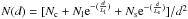 Mathematical equation: \hbox{$ \Nd = [\Nc + \Nl {\rm e}^{-(\frac{d}{\Ll})}+\Ns {\rm e}^{-(\frac{d}{\Ls})}]/d^2$}