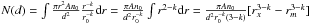 Mathematical equation: \hbox{$\Nd = \int{ \frac{\pi r^2 A n_0 }{d^2} \frac{r^{-k}}{r_{0}^{-k}} {\rm d}r} = \frac{\pi A n_0 }{d^2 r_{0}^{-k}} \int{ r^{2-k} {\rm d}r} = \frac{\pi A n_0 }{d^2 r_{0}^{-k} (3-k)} [{r_{x}^{3-k}-{r_{m}^{3-k}}}]$}