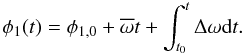 Mathematical equation: \begin{equation} \label{phi} \phi_{1}(t)=\phi_{1, 0}+ \overline{\omega}t+\int_{t_{0}}^{t} {\Delta \omega}{\rm d}t. \end{equation}
