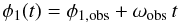 Mathematical equation: \begin{equation} \phi_{1}(t )=\phi_{1,{\rm obs}}+\omega_{ {\rm obs}}\,t \end{equation}