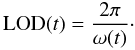 Mathematical equation: \begin{equation} {\rm LOD}(t)=\frac{2\pi}{\omega(t)}\cdot \end{equation}